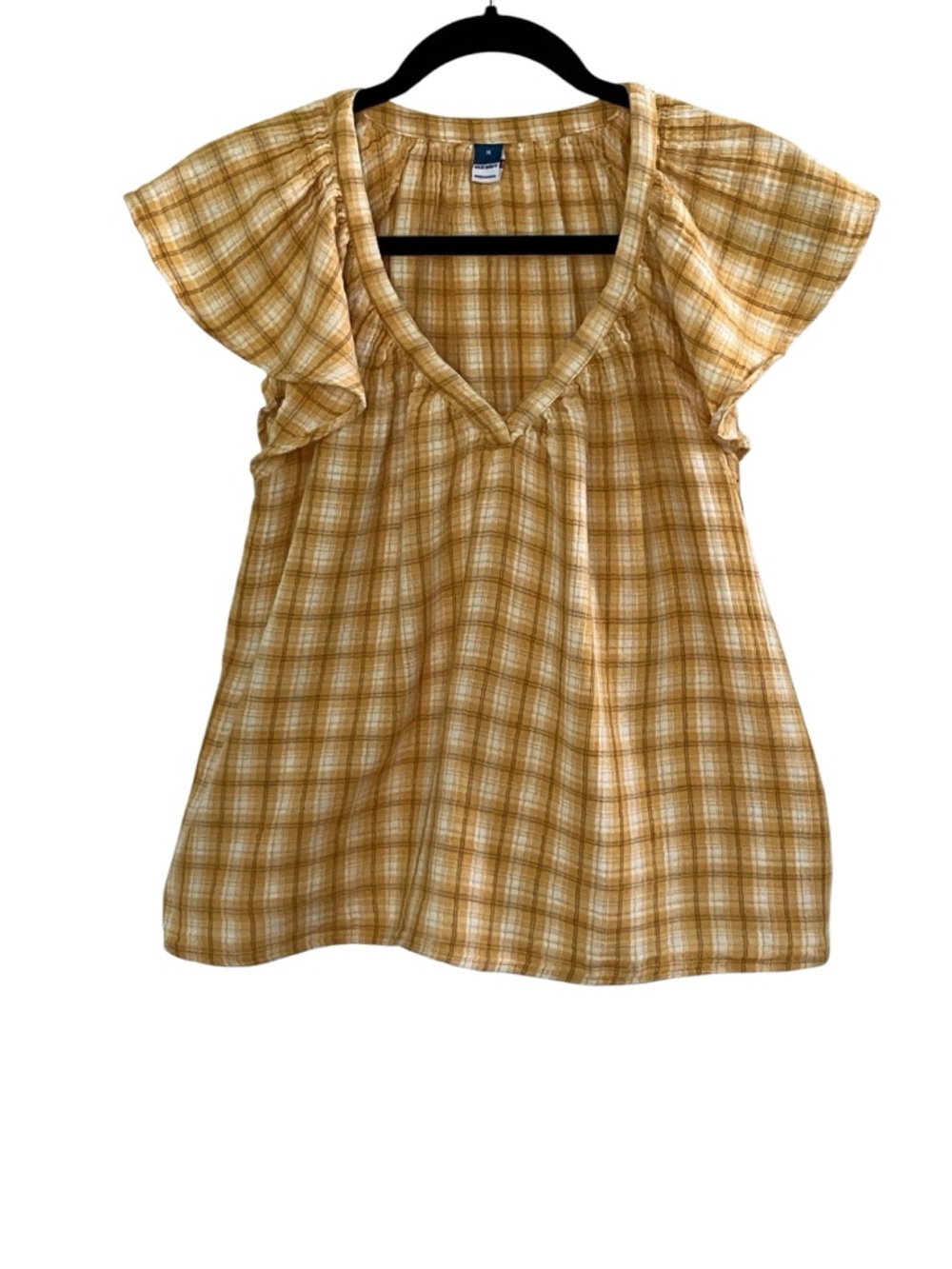 Old Navy Yellow Plaid V-Neck Flutter Sleeve Blouse Cottage Prairie Farm